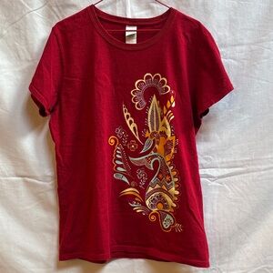 Red t-shirt with graphics